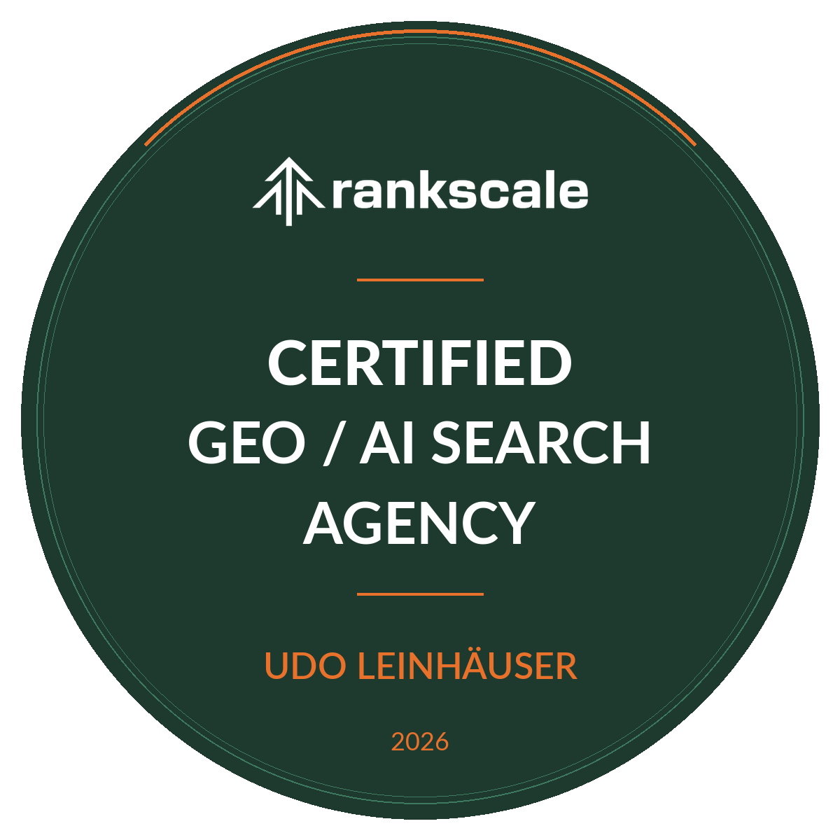 Rankscale Certified GEO und AI Search Agency Zertifikat für Udo Leinhäuser, 2026